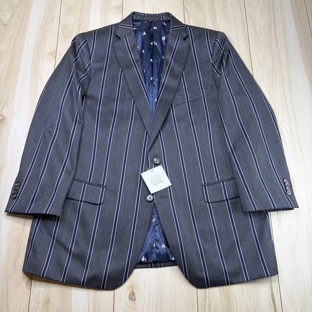 NEW Indochino Moon British Cloth Wool Cotton Striped Blazer Mens 44S Gray Navy